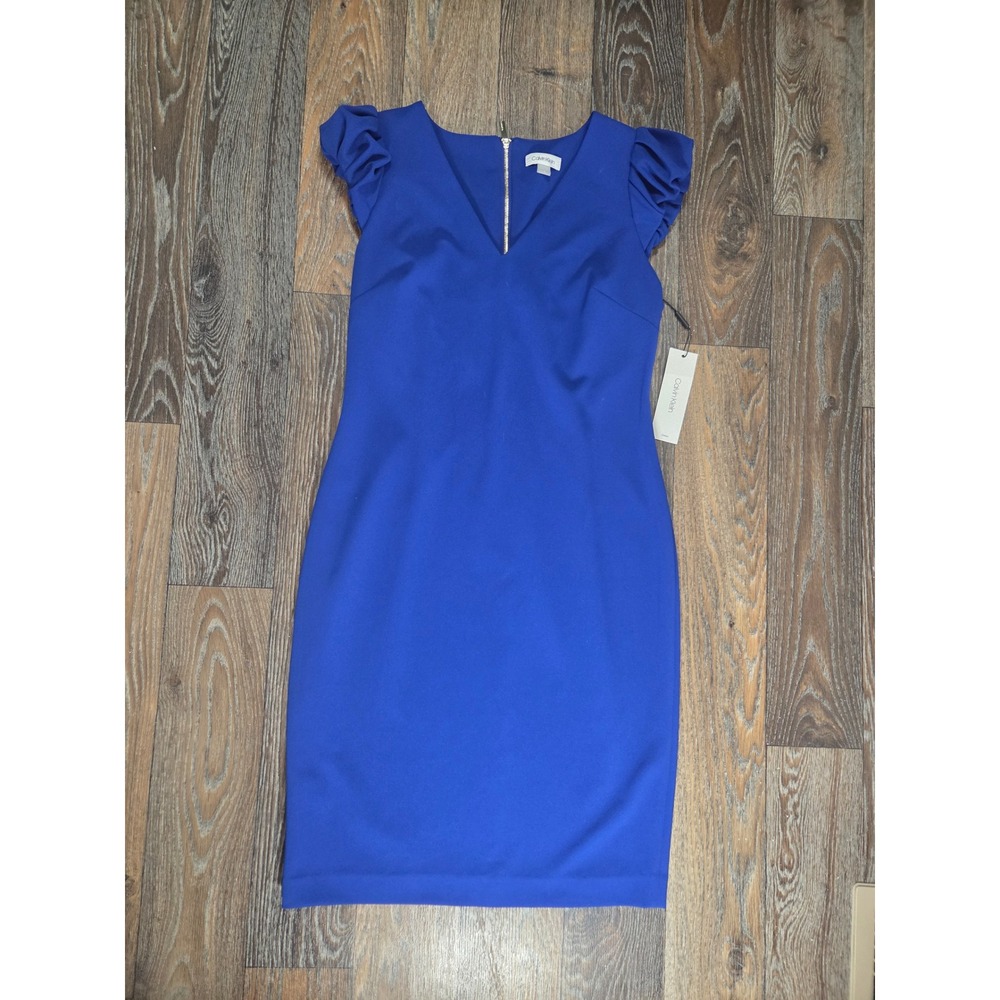 Calvin Klein Blue Ruffle Sleeve Sheath Dress V-Neck Gold Zip Size 10 NEW